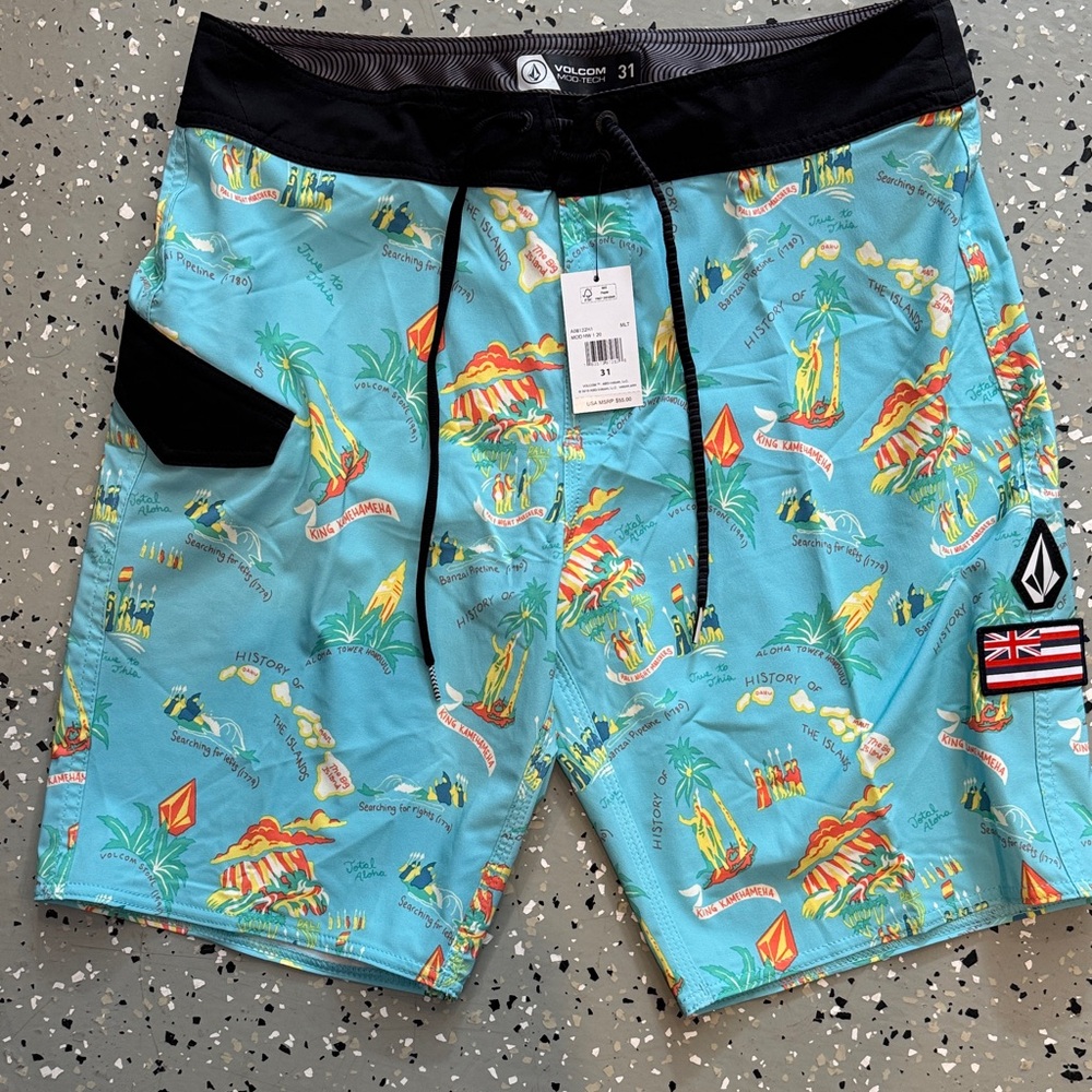 Volcom Men's Blue Swim Shorts with Hawaii Tropical Print